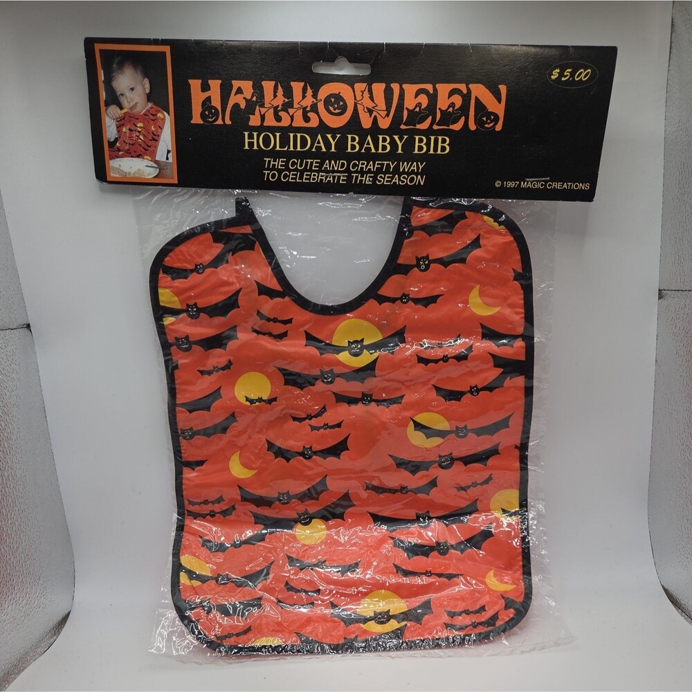 Vintage Halloween Baby Bib Orange Black Bats Yellow Moon 90s Toddler New Sealed